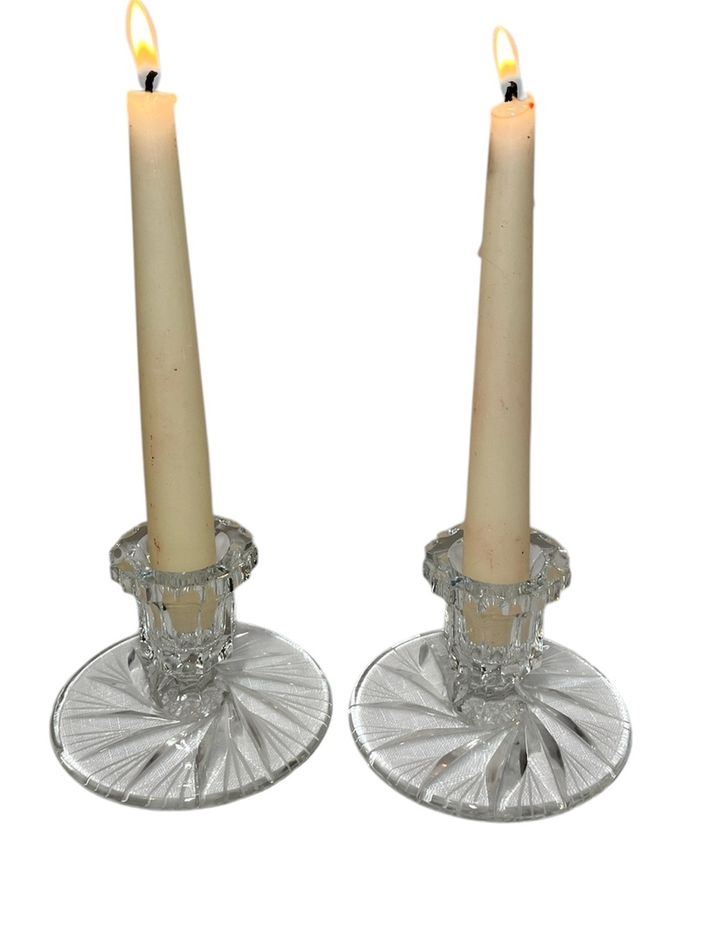Vintage pinwheel crystal candle holders 
distinct starburst pattern on the base